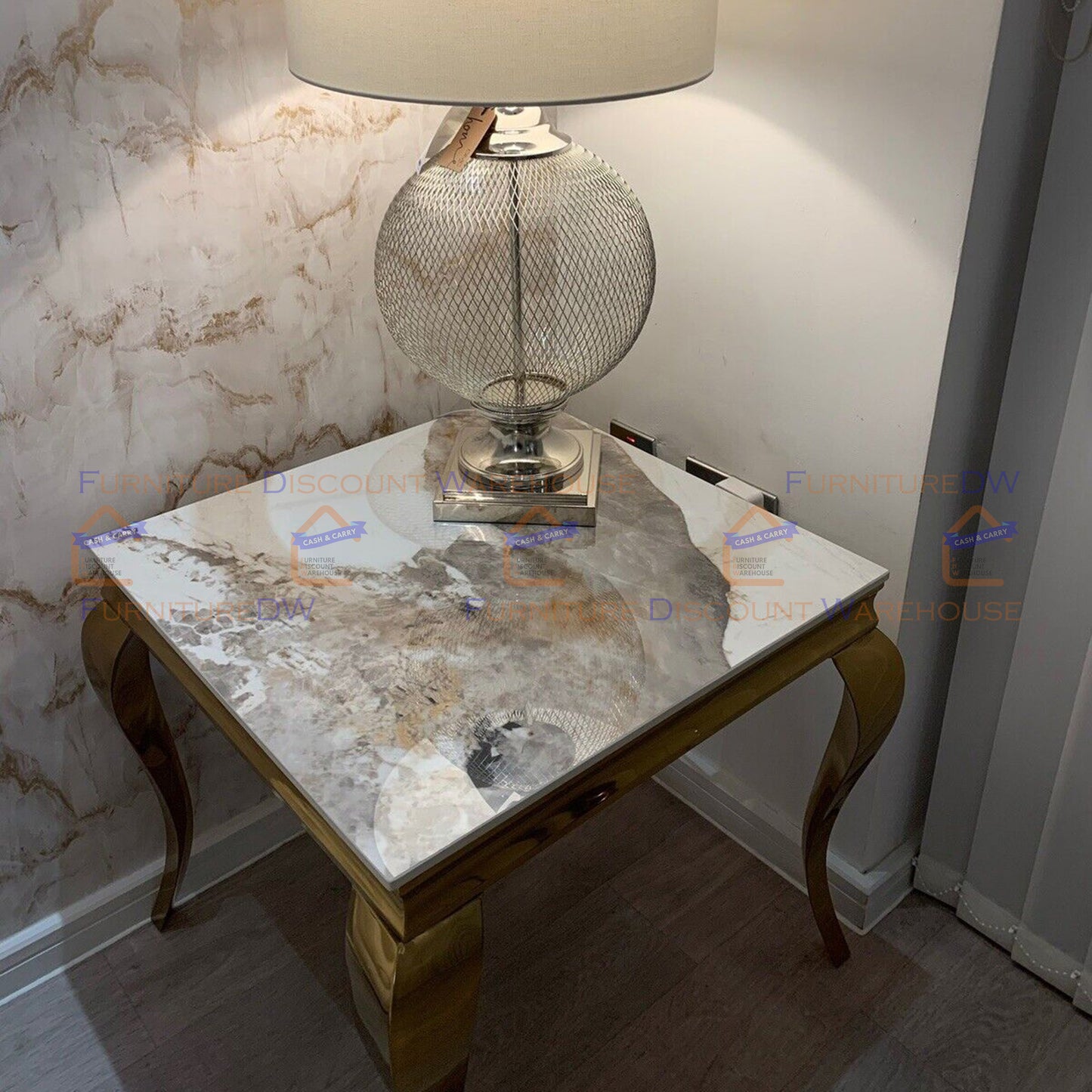 Louis Gold Lamp Table 60cm - Marble Top | Light Grey | Black | Cream |  Black & Gold