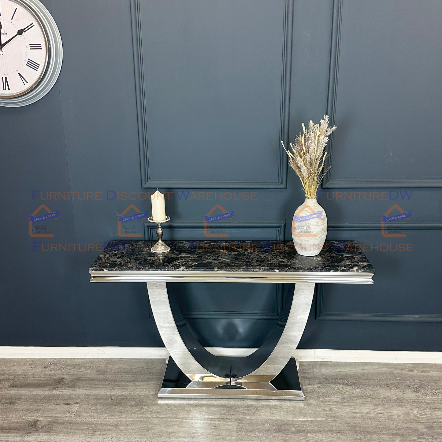 Arial Chrome Console Table 1.4m - Black | White Marble Top