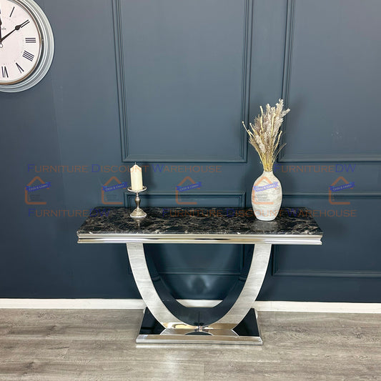 Arial Chrome Console Table 1.4m - Black | White Marble Top