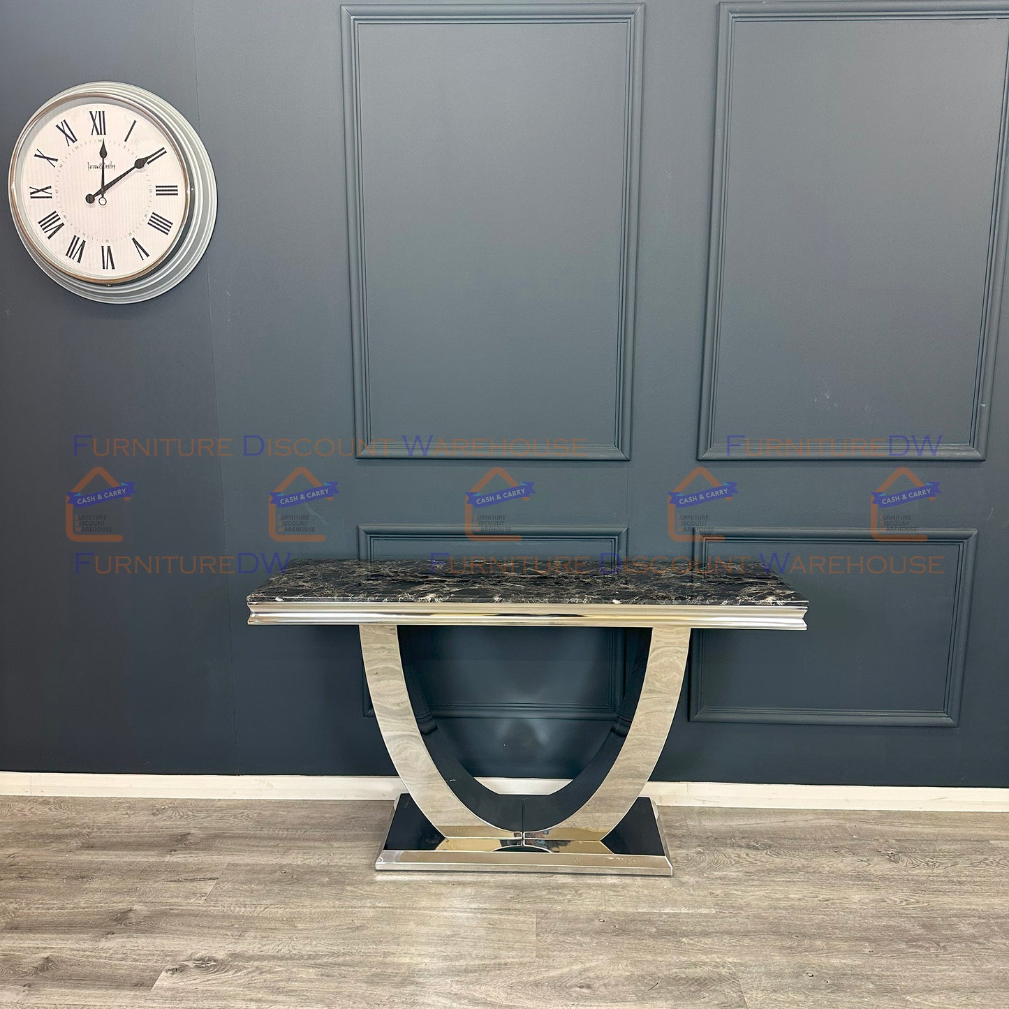 Arial Chrome Console Table 1.4m - Black | White Marble Top