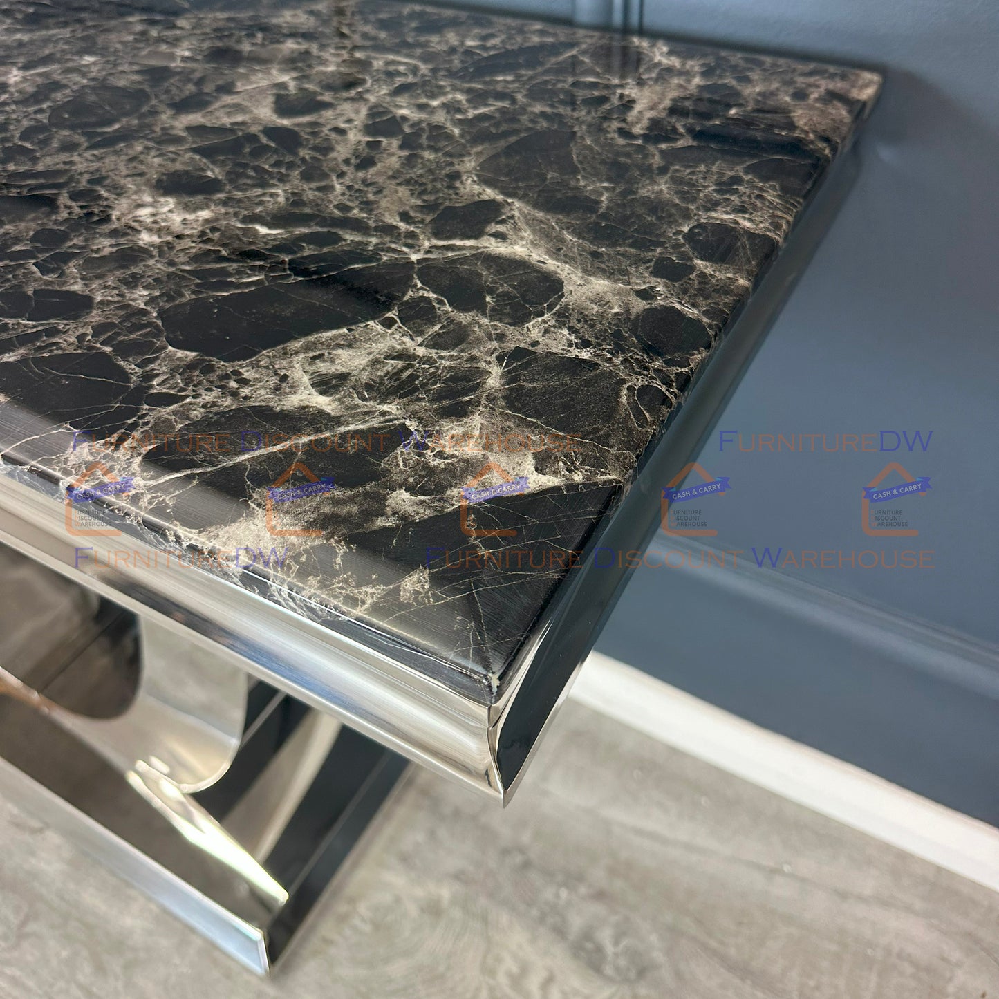 Arial Chrome Console Table 1.4m - Black | White Marble Top