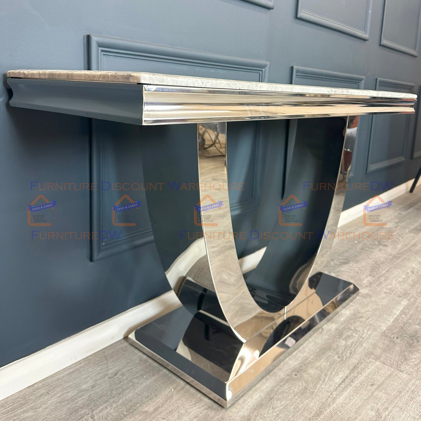 Arial Chrome Console Table 1.4m - Black | White Marble Top