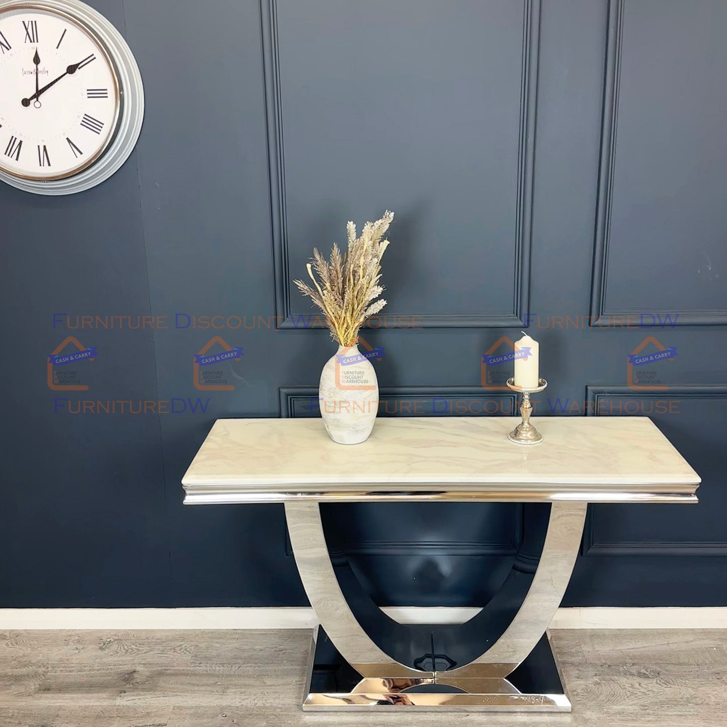 Arial Chrome Console Table 1.4m - Black | White Marble Top