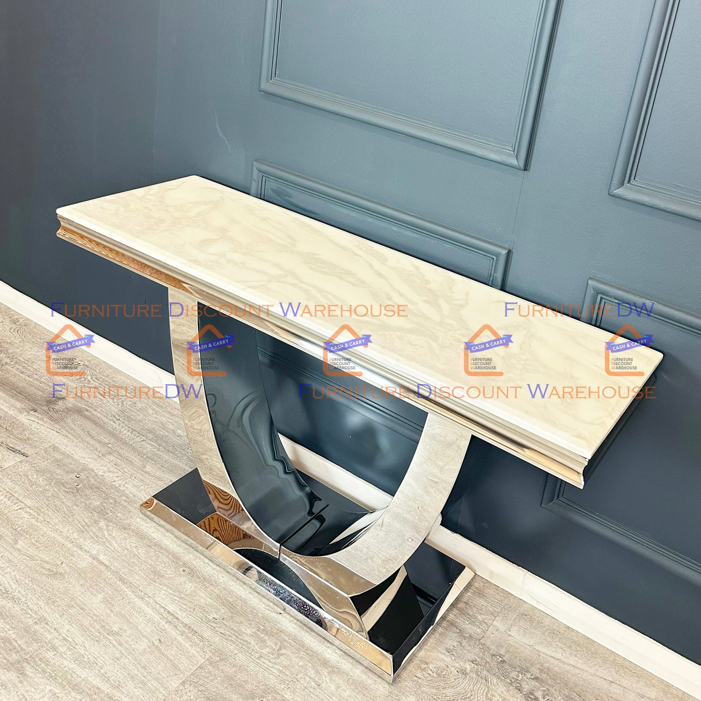 Arial Chrome Console Table 1.4m - Black | White Marble Top