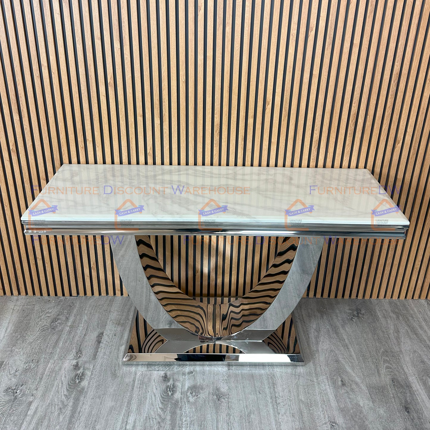 Arial Chrome Console Table 1.4m - Black | White Marble Top