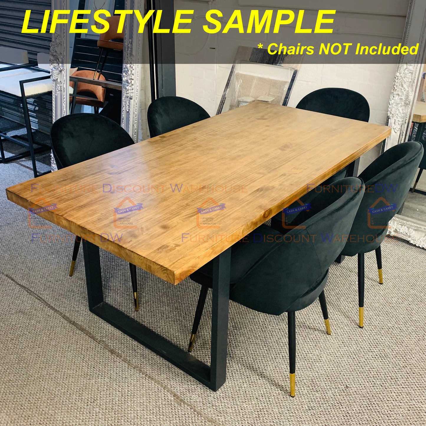 Freya Dining Table 1.8m - Solid Dark Pine Wood with Matt Black Metal Legs