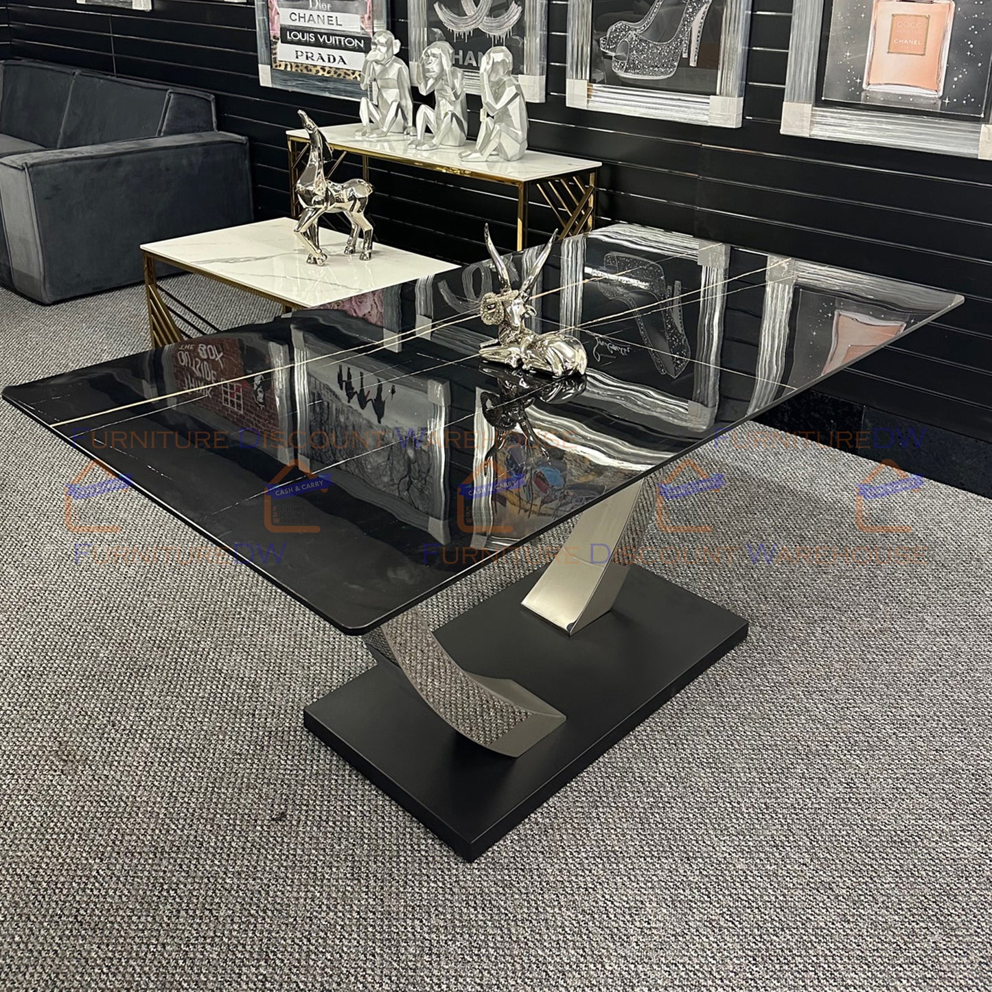 Venus Chrome Dining Table 1.6m - Black Sintered Stone Top