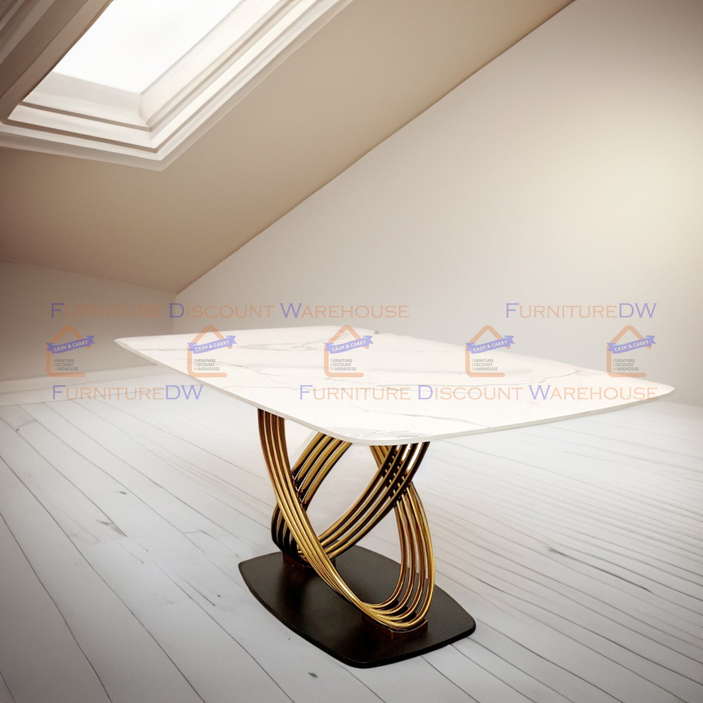 Orion Gold Slimline Dining Table 1.8m - Polar White Sintered Stone Top