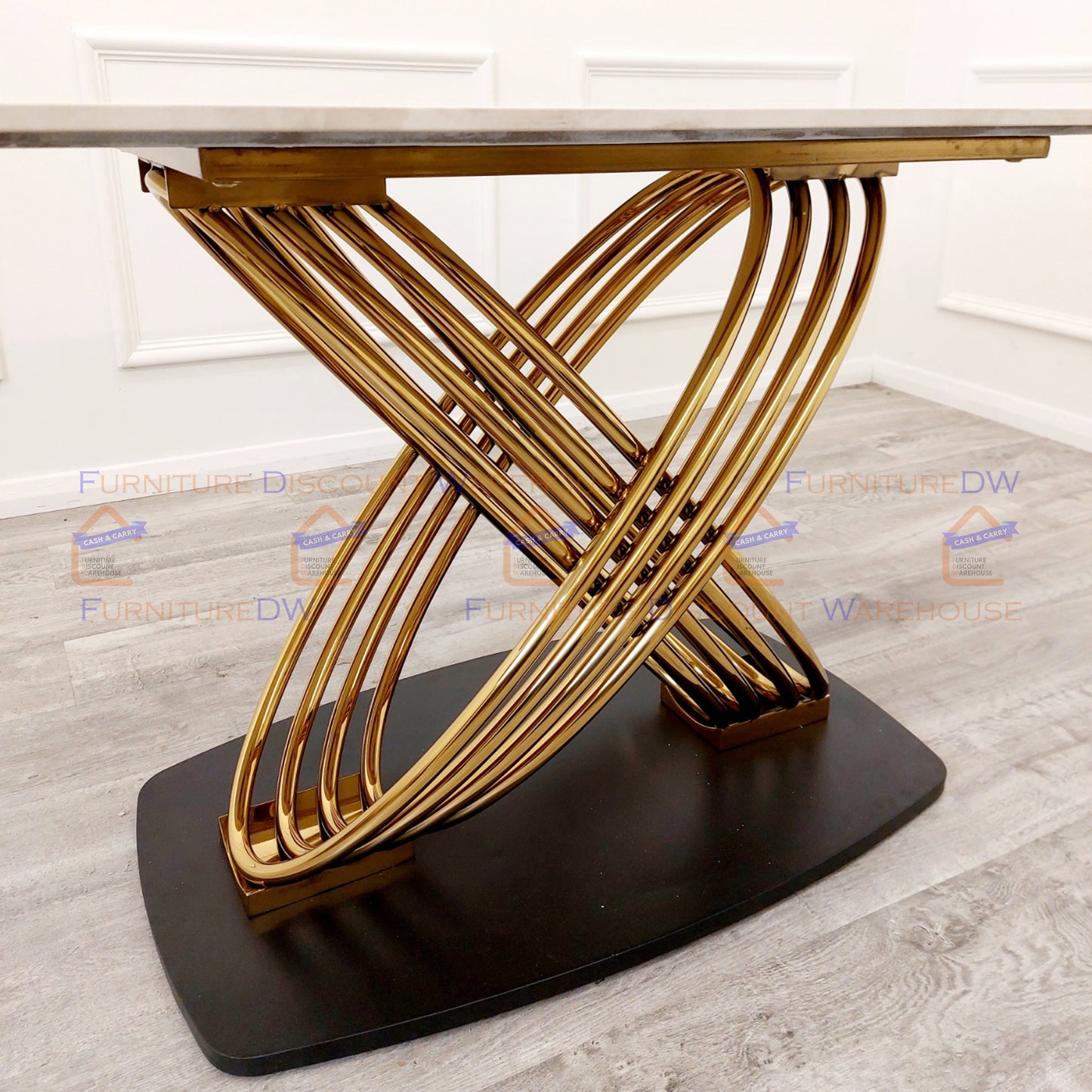 Orion Gold Slimline Dining Table 1.8m - Polar White Sintered Stone Top