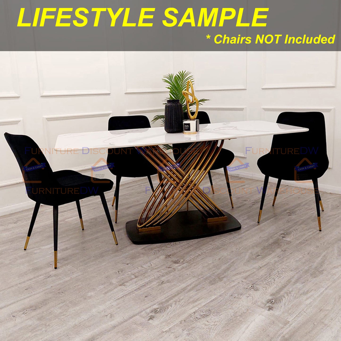 Orion Gold Slimline Dining Table 1.8m - Polar White Sintered Stone Top