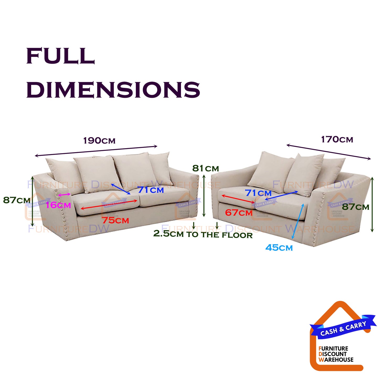 Blakely 3 & 2 Seater Fabric Sofa Set - Creamy Beige