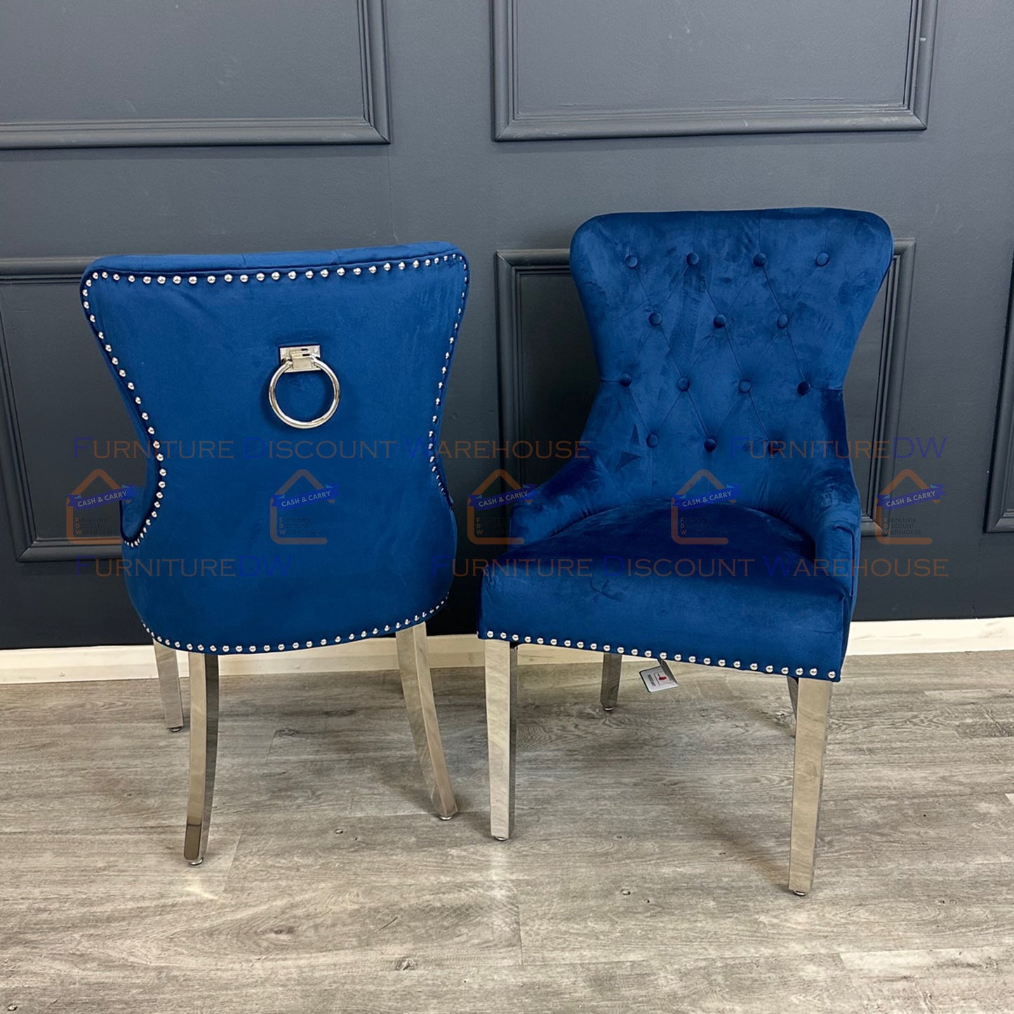Megan Promo Velvet Dining Chair | Chrome Legs with Plain Back & Ring Knocker - Black | Blue | Dark Grey