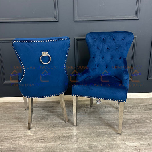 Megan Promo Velvet Dining Chair | Chrome Legs with Plain Back & Ring Knocker - Black | Blue | Dark Grey