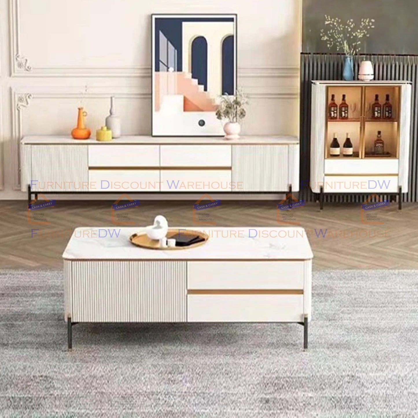 Bella Ribbed Furniture Range - White & Gold Coffee Table
