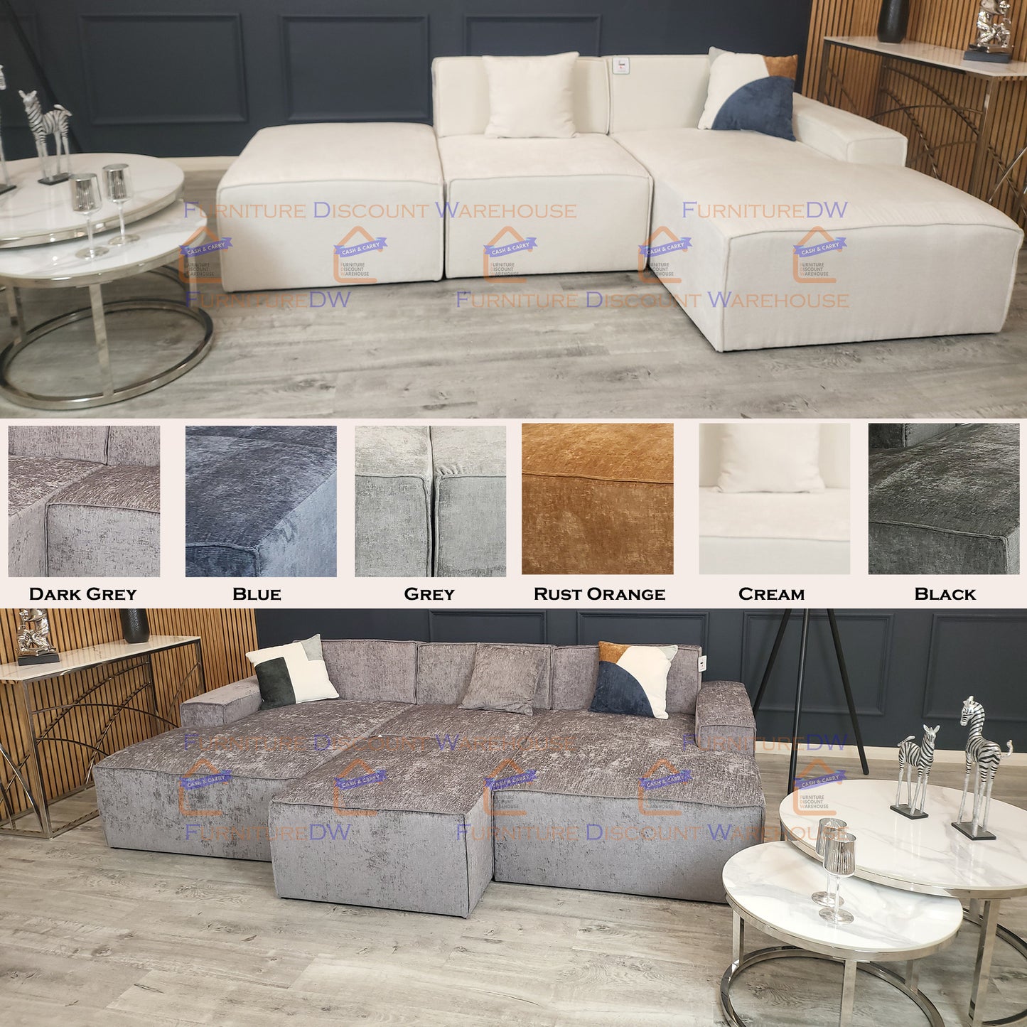 Atlanta Textured Chenille Sofa - 4 Colours | Left/Right Hand Corner | 3/4 Seater U Shape | Bed | Long U Shape + Stool