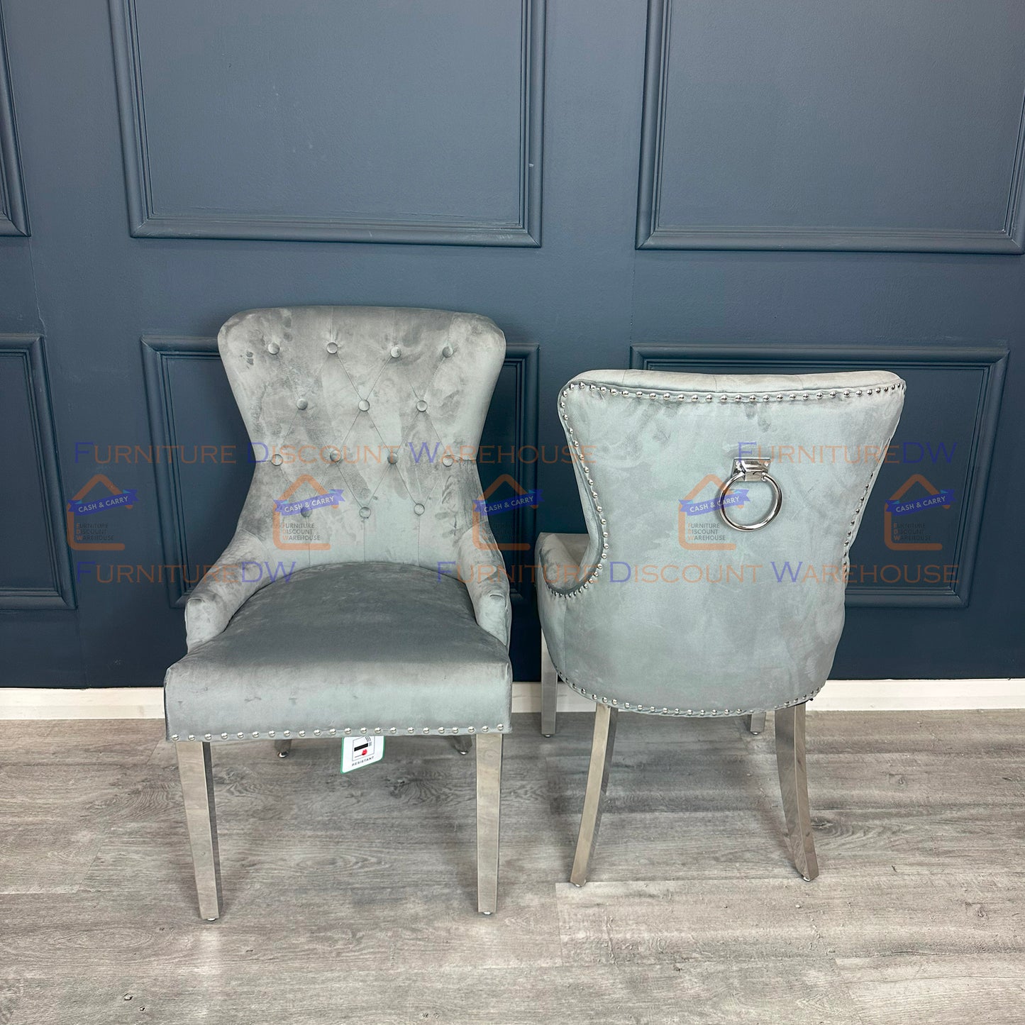 Megan Promo Velvet Dining Chair | Chrome Legs with Plain Back & Ring Knocker - Black | Blue | Dark Grey