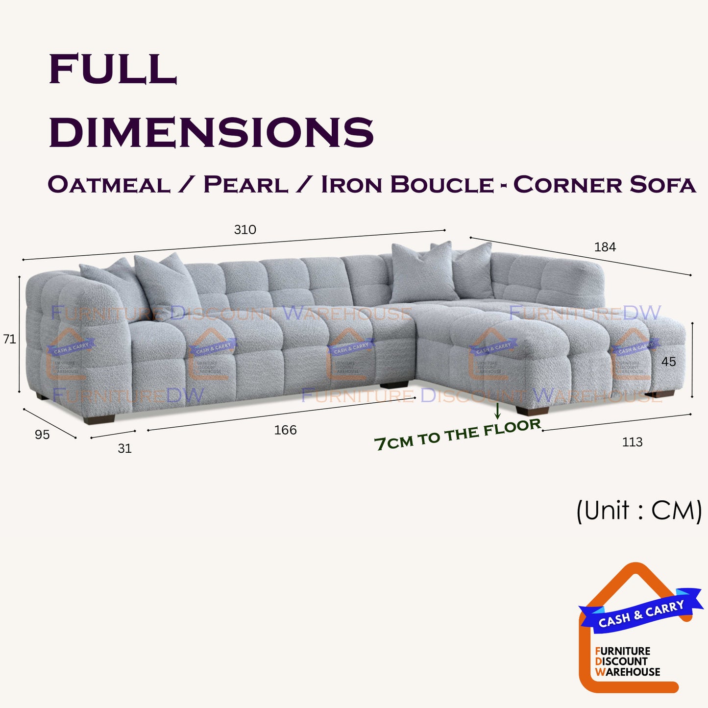 ALUXO® Tribeca Modern Right Hand Corner Sofa L Shape Iron Grey Boucle Cube 2025