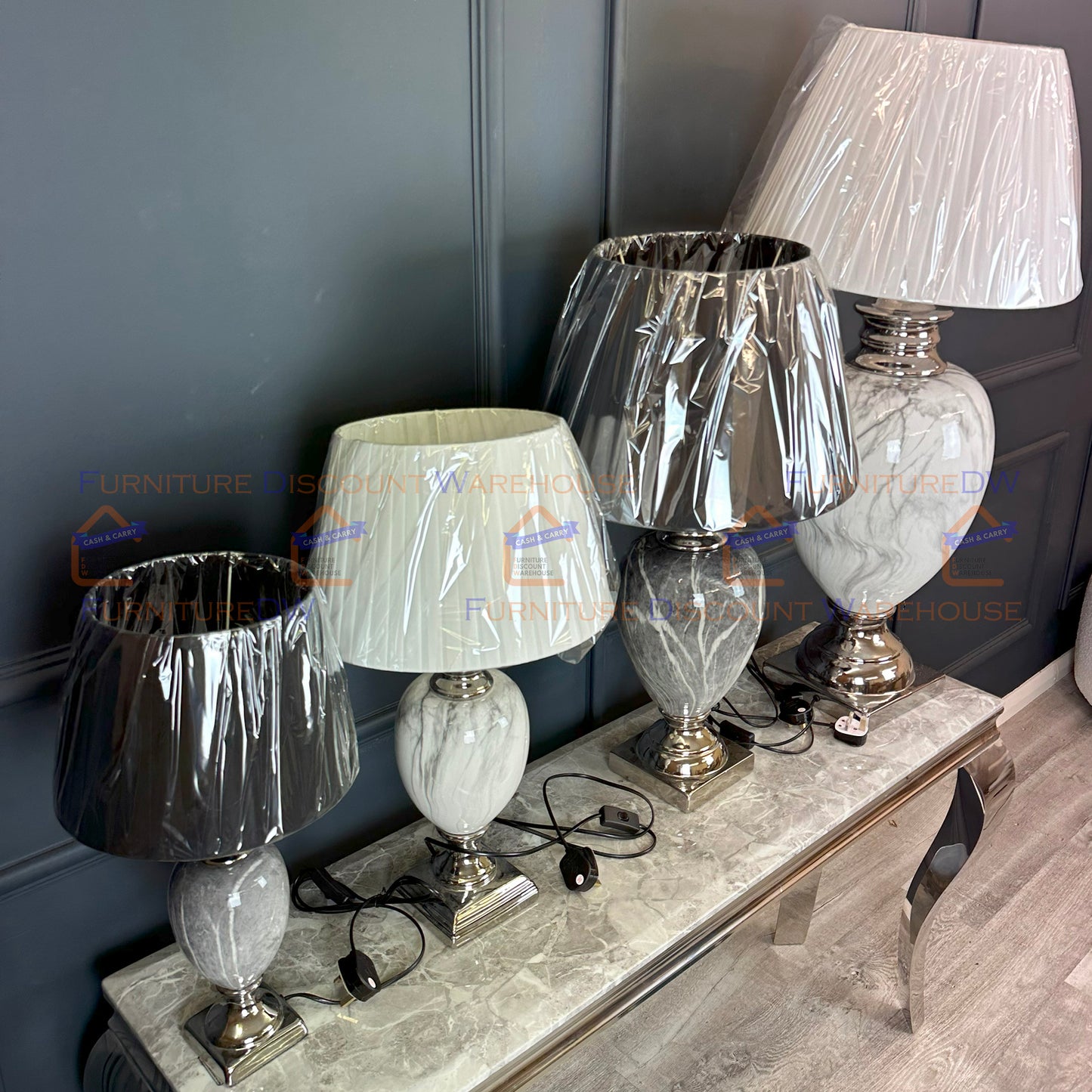 Marble Effect Lamp Stand Base Bulb Holder with Shade White / Black - S | M | L | XL Size