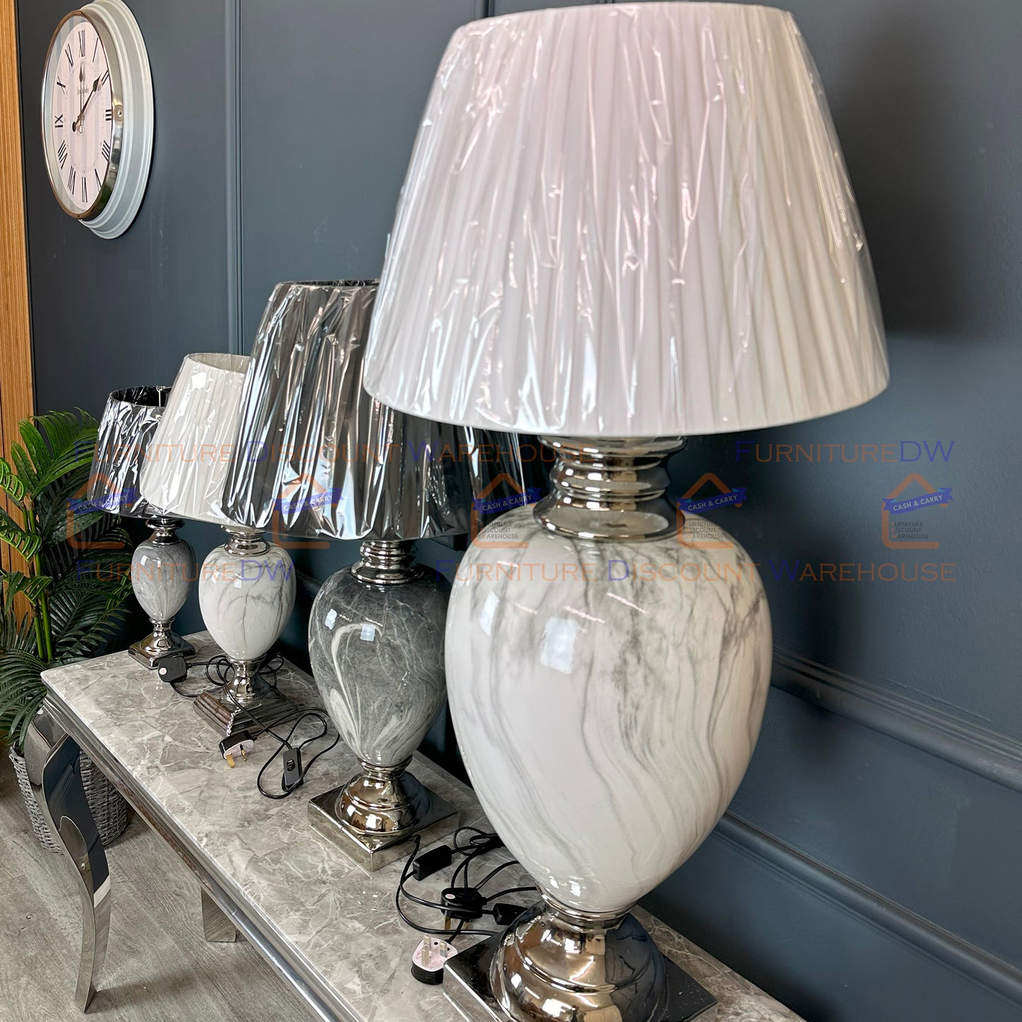 Marble Effect Lamp Stand Base Bulb Holder with Shade White / Black - S | M | L | XL Size