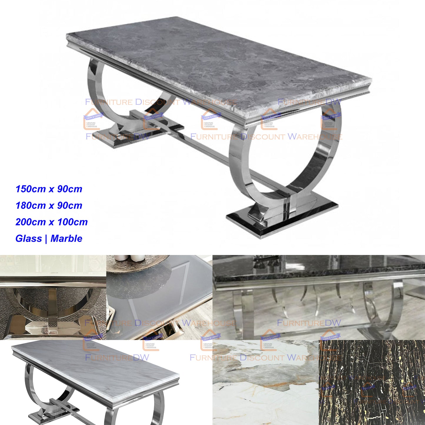 Arriana Dining Table 1.5m / 1.8m / 2m - Marble | Tempered Glass Top