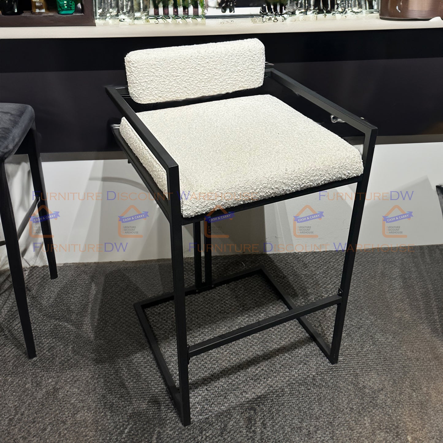 Zebra Boucle White Cushion Barstool Chair - Black Metal