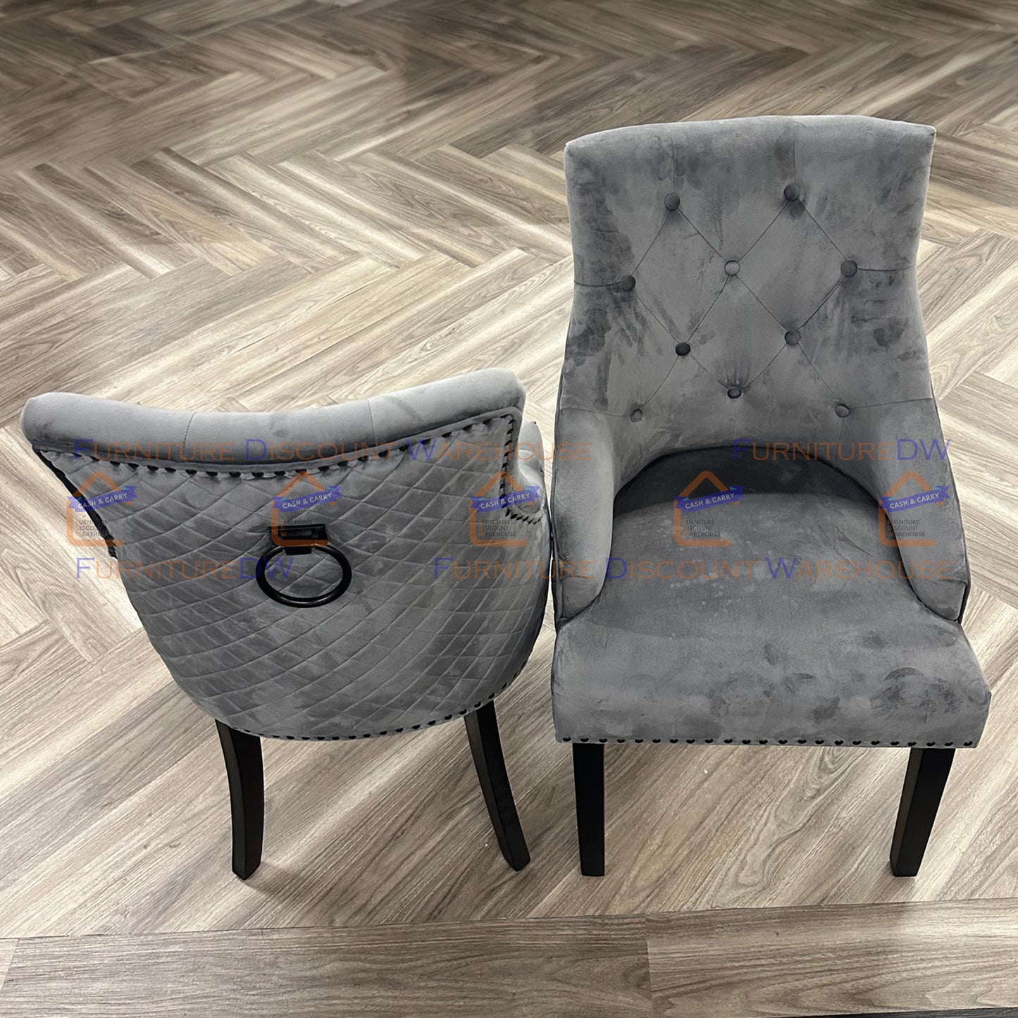 Bentley Velvet Dining Chair | Black Wooden Legs with Ring Knocker & Quilted Back - Light Grey | Dark Grey
