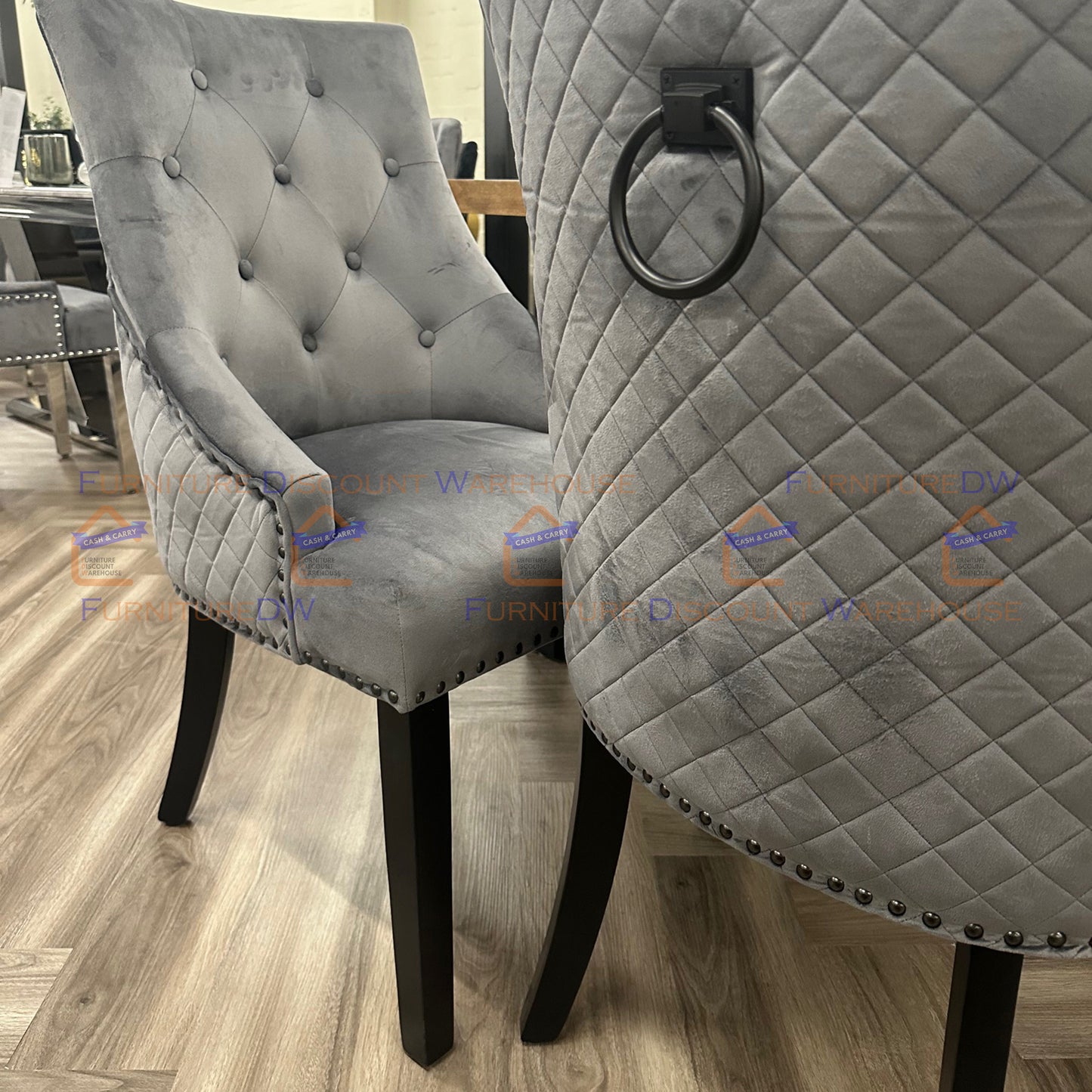Bentley Velvet Dining Chair | Black Wooden Legs with Ring Knocker & Quilted Back - Light Grey | Dark Grey
