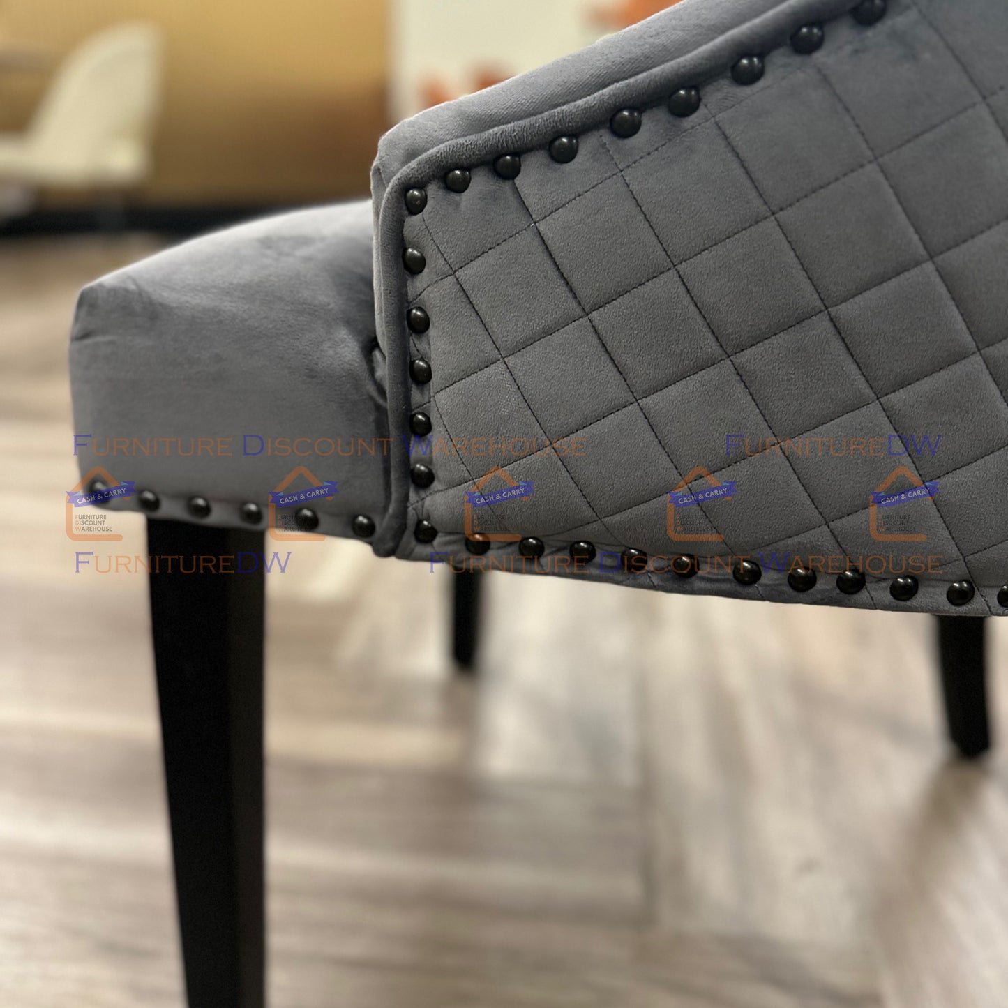 Bentley Velvet Dining Chair | Black Wooden Legs with Ring Knocker & Quilted Back - Light Grey | Dark Grey