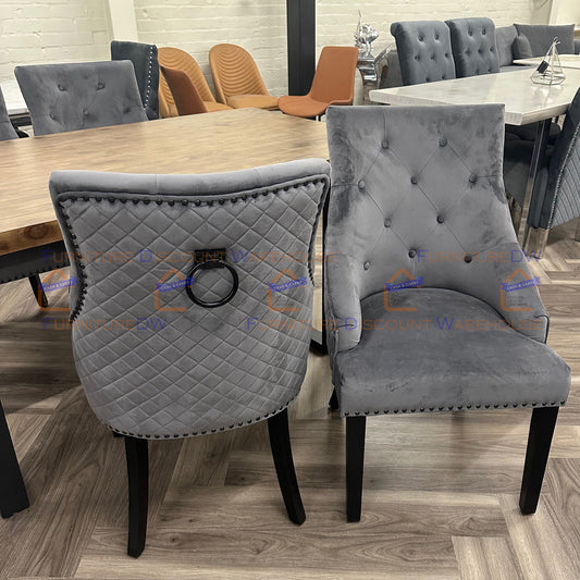 Bentley Velvet Dining Chair | Black Wooden Legs with Ring Knocker & Quilted Back - Light Grey | Dark Grey