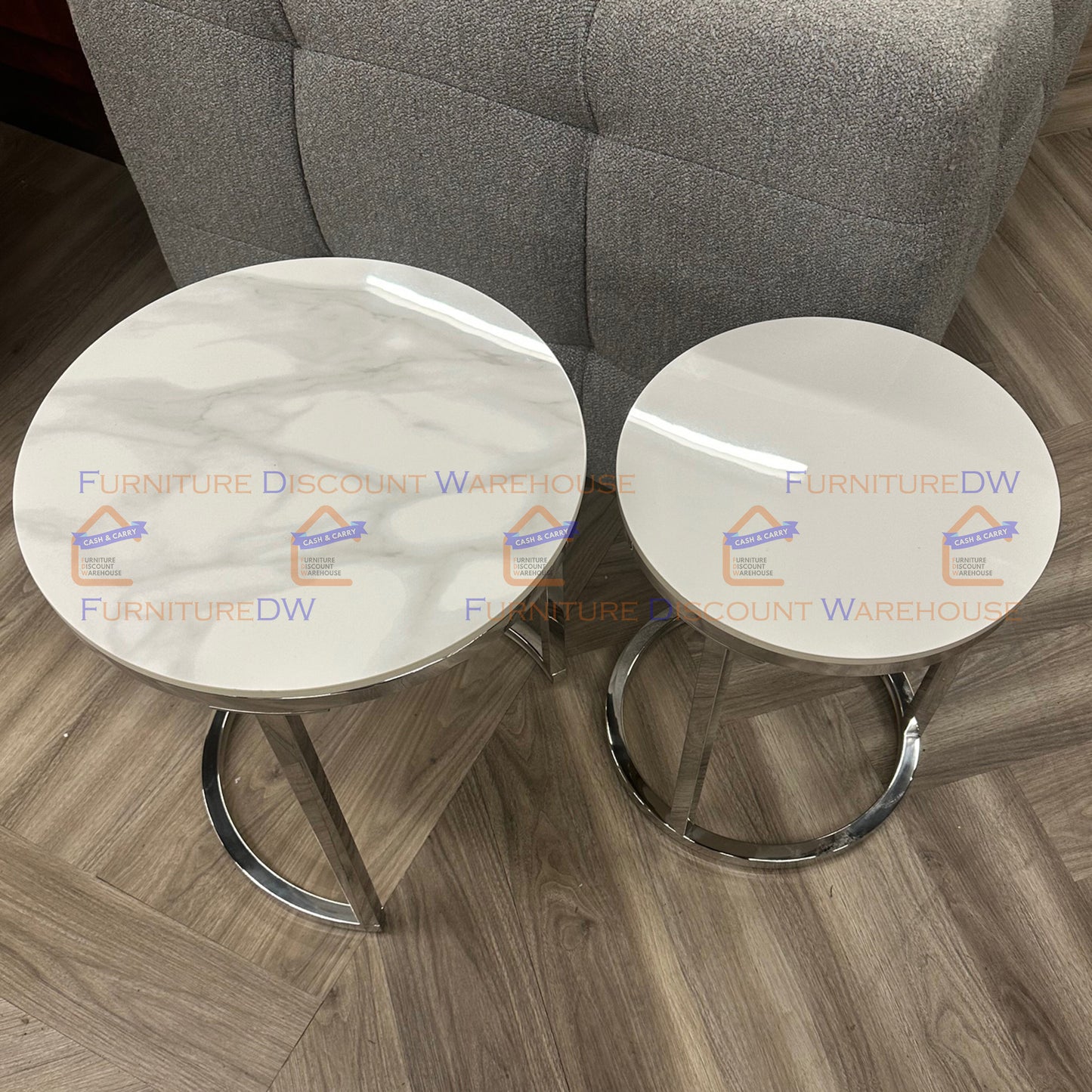 Cato Nest of 2 Tall Chrome End Tables 45cm / 38cm - Polar White Sintered Stone Tops