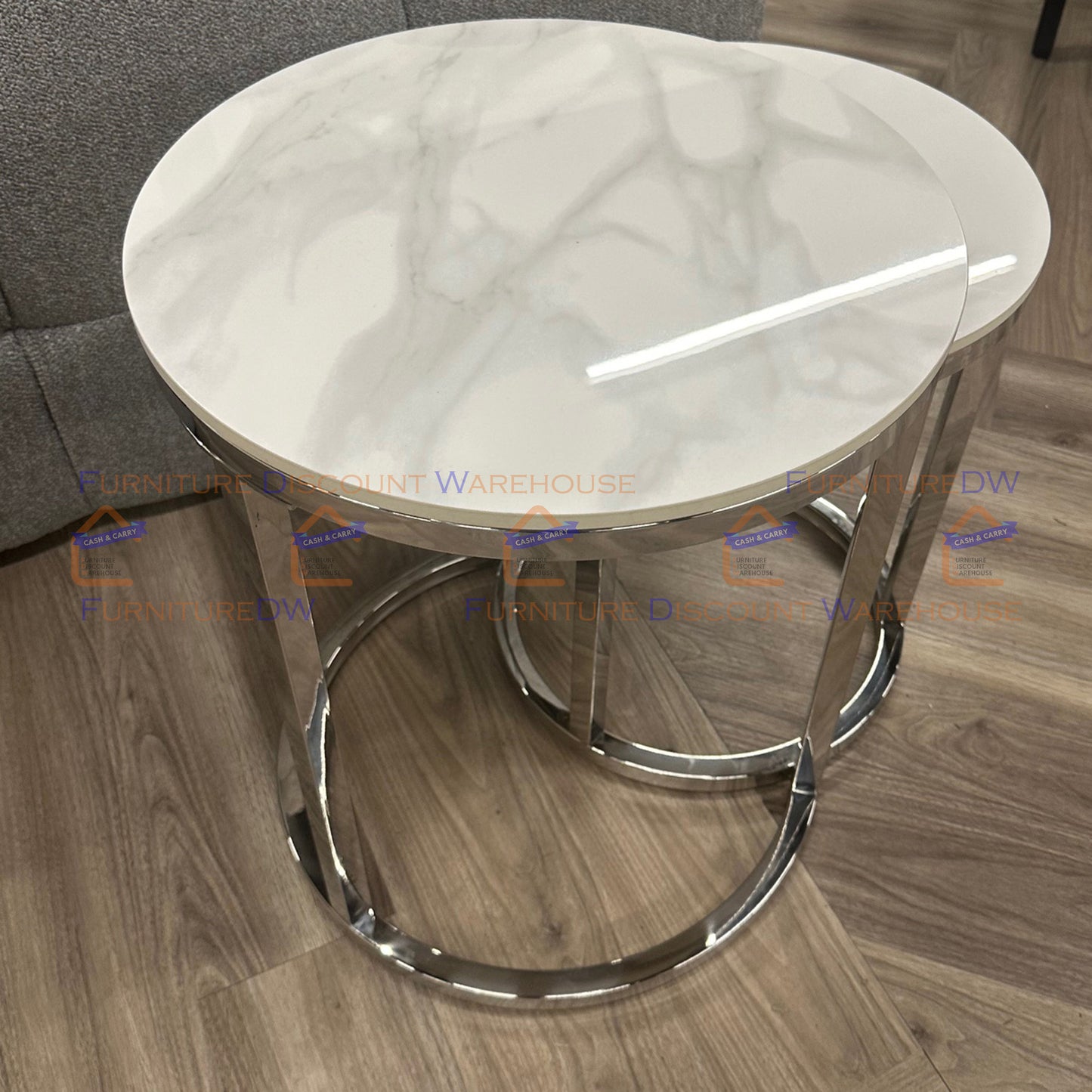 Cato Nest of 2 Tall Chrome End Tables 45cm / 38cm - Polar White Sintered Stone Tops