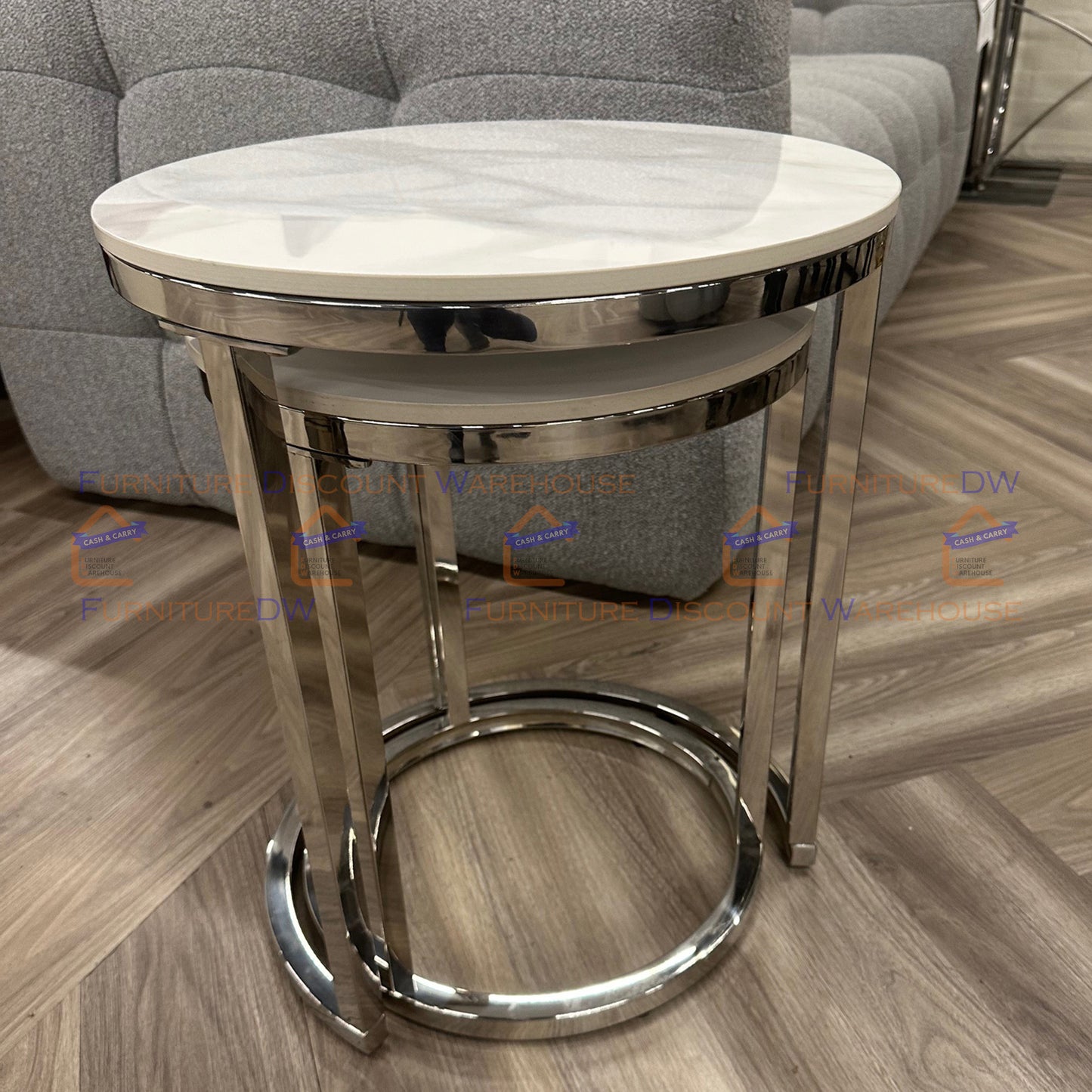 Cato Nest of 2 Tall Chrome End Tables 45cm / 38cm - Polar White Sintered Stone Tops
