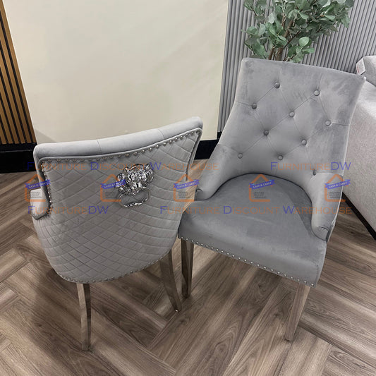 Bentley Velvet Dining Chair | Chrome Legs with Lion Knocker & Quilted Back - Black | Cream | Beige | Dark Grey | Grey Shimmer