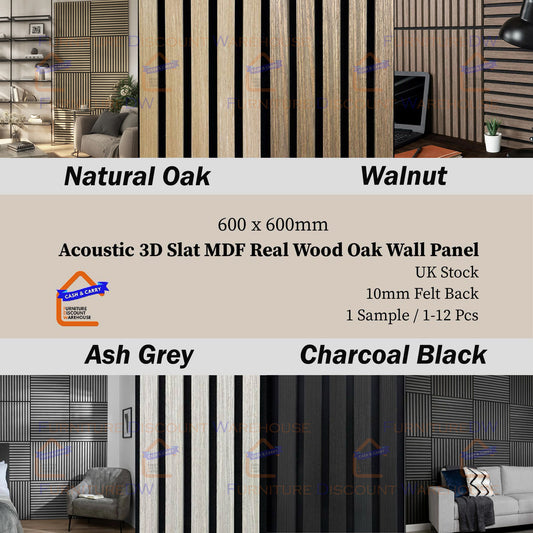 Square Wood Acoustic MDF Slatted Wall Panels - 4 Colours | Natural Oak / Walnut / Ash Grey / Charcoal Black