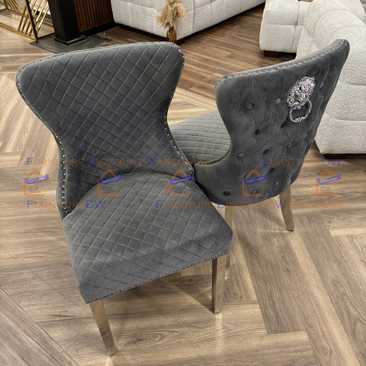 Chelsea Velvet Dining Chair | Chrome Legs with Lion Knocker & Buttoned Back - Dark Grey | Beige Shimmer