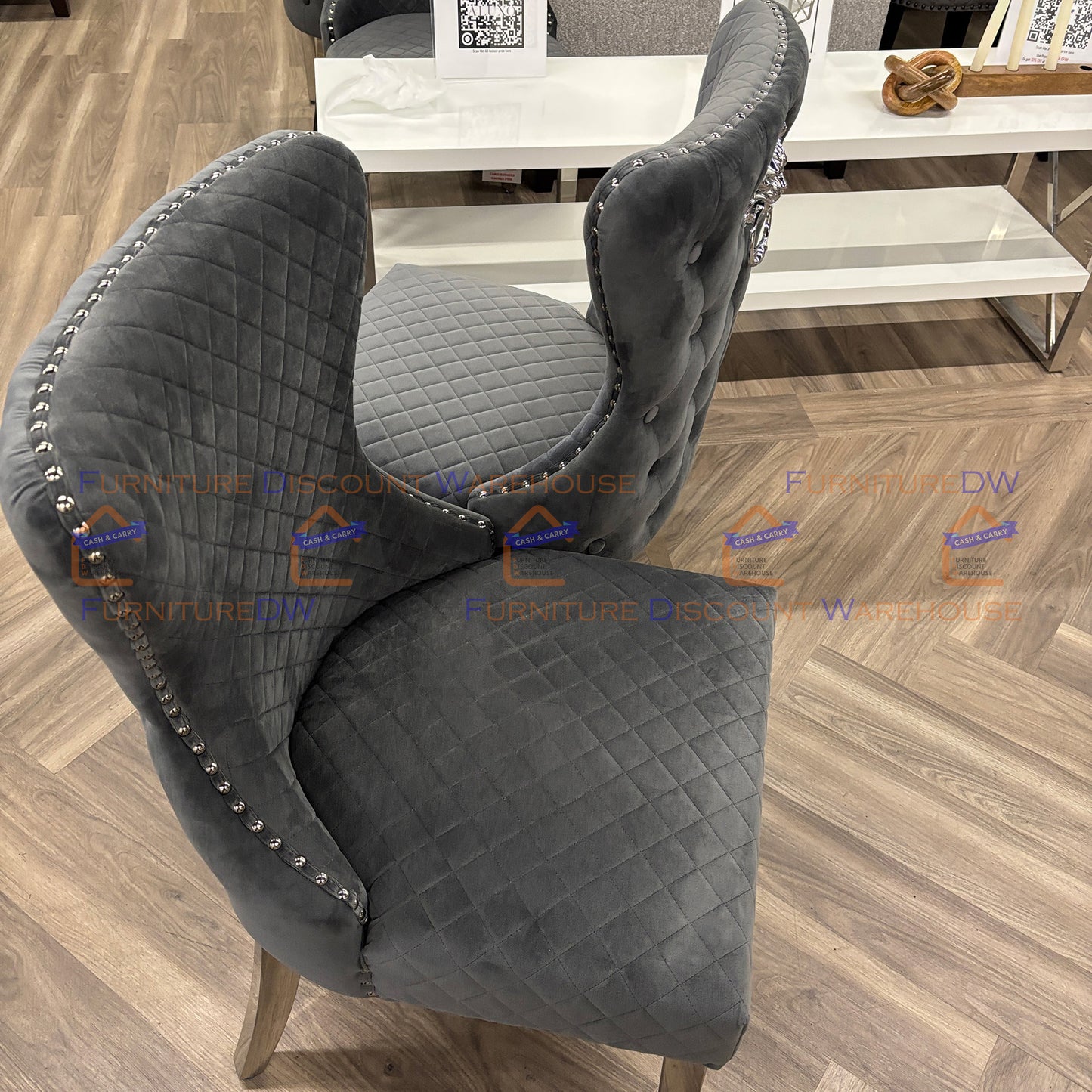Chelsea Velvet Dining Chair | Chrome Legs with Lion Knocker & Buttoned Back - Dark Grey | Beige Shimmer
