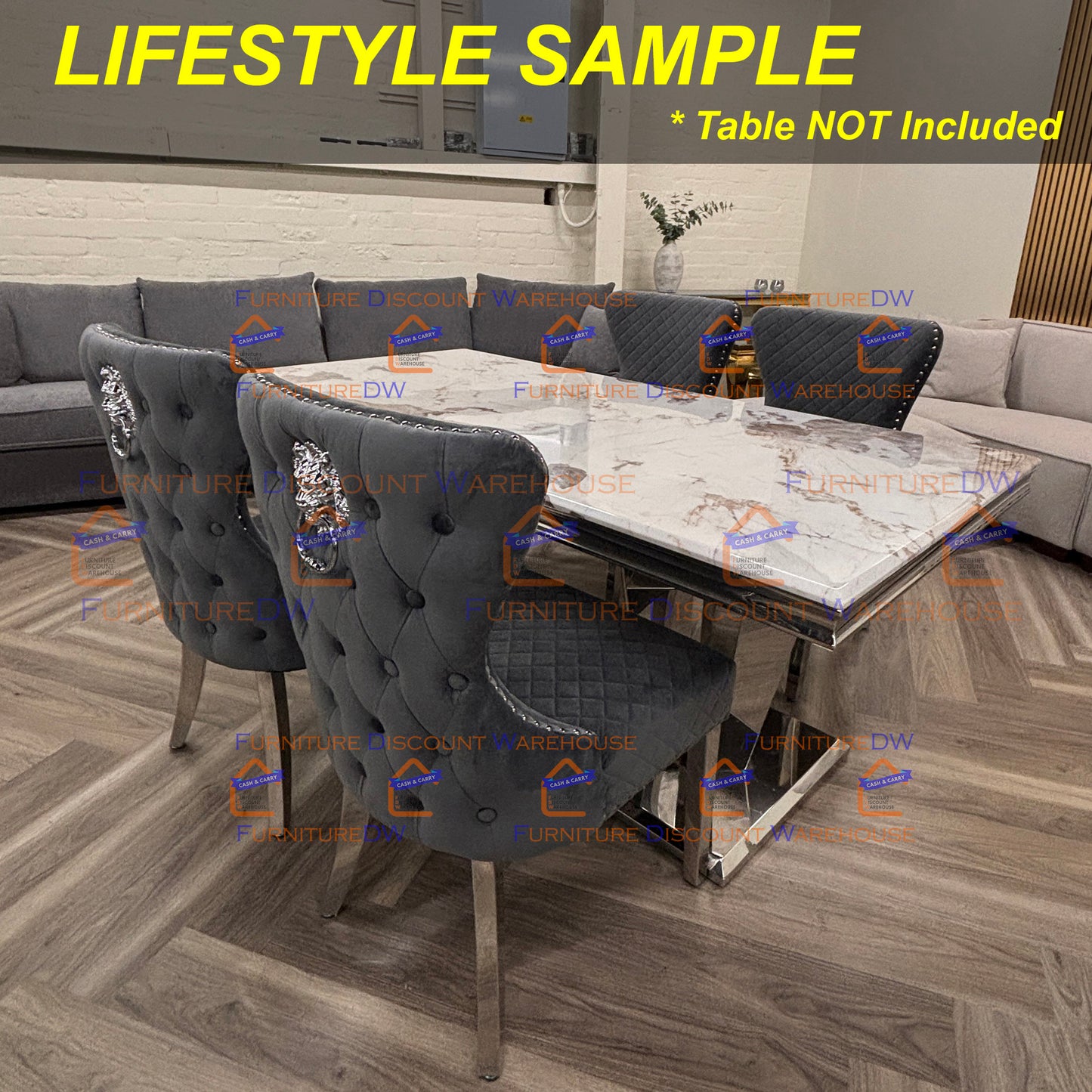 Chelsea Velvet Dining Chair | Chrome Legs with Lion Knocker & Buttoned Back - Dark Grey | Beige Shimmer