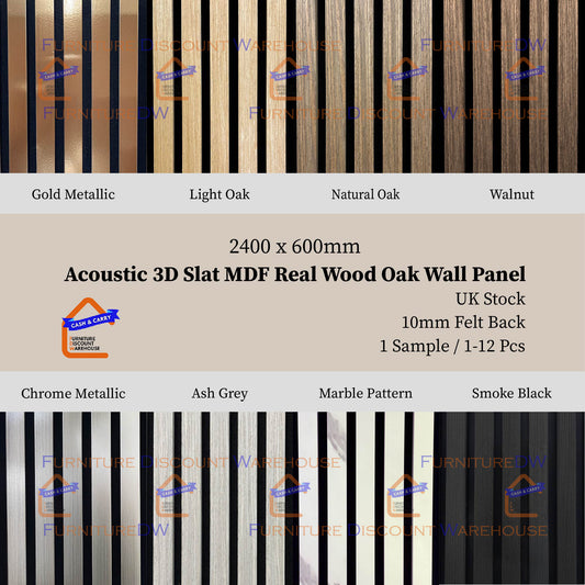 Wood Acoustic MDF Slatted Wall Panels - 8 Colours | Light Oak / Natural Oak / Walnut / Ash Grey / Black / White Marble / Silver / Gold