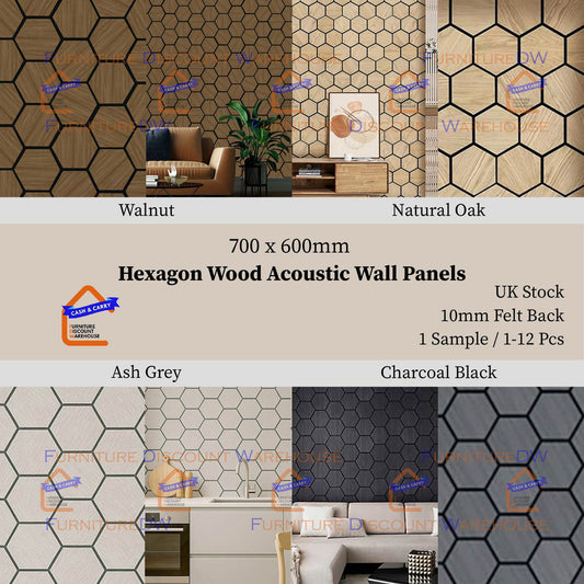 Hexagon Wood Acoustic MDF Wall Panels - 4 Colours | Natural Oak / Walnut / Ash Grey / Charcoal Black