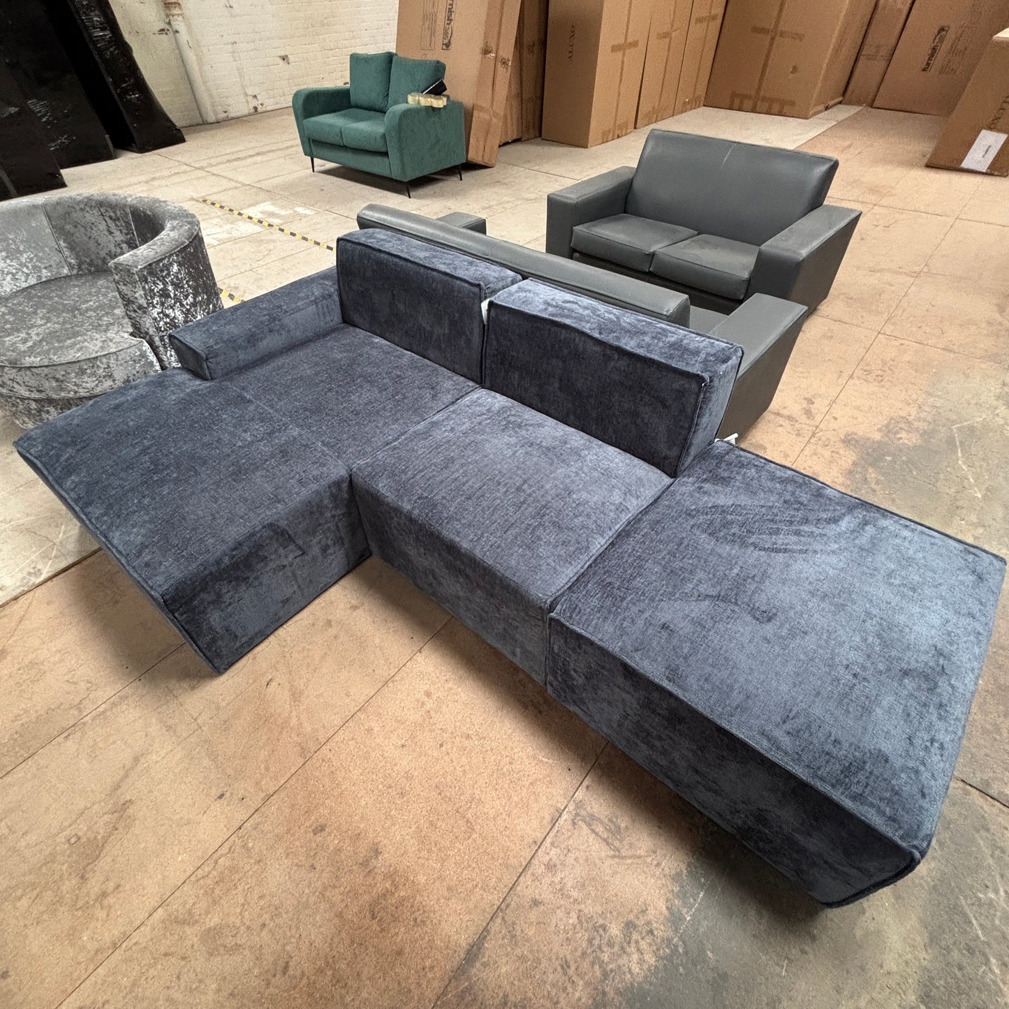 CLEARANCE - Atlanta Chenille Left Hand Corner 3 to 4 Seater Sofa - Blue Textured