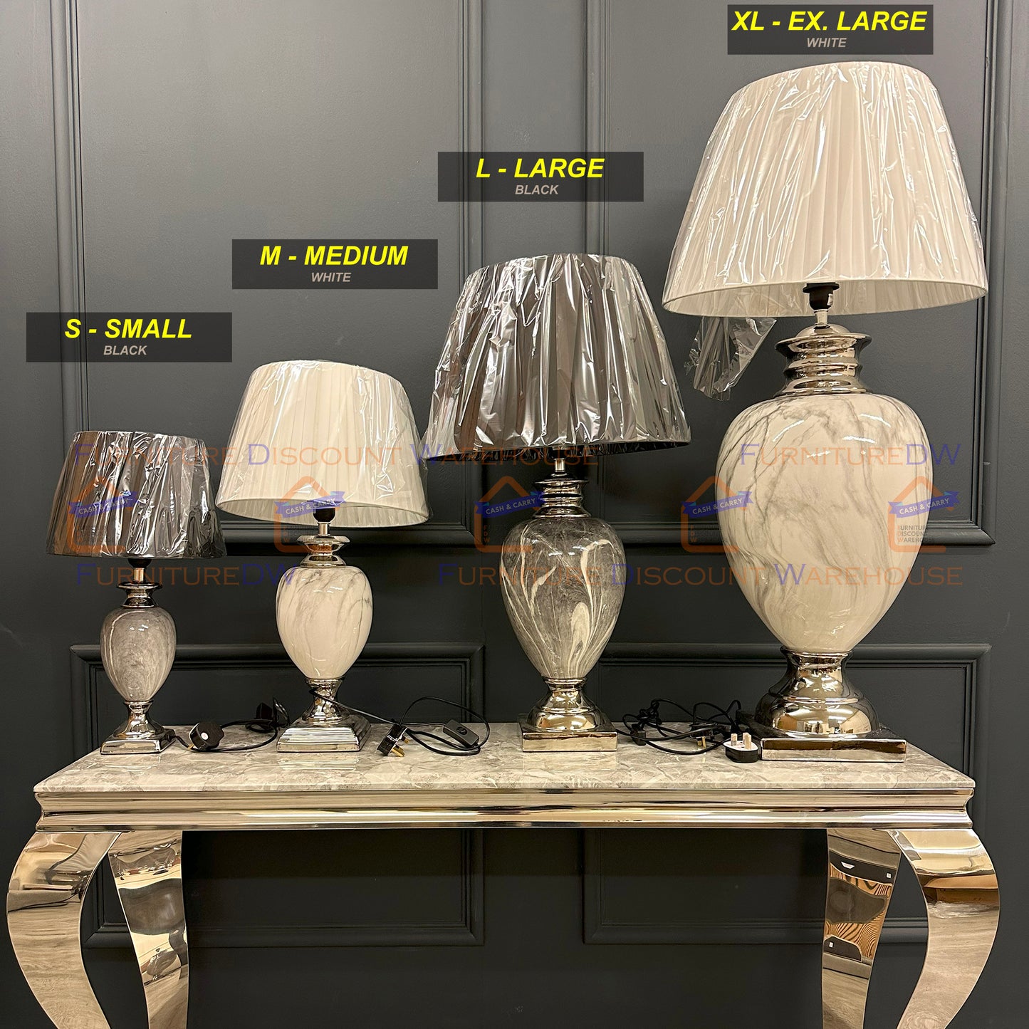 Marble Effect Lamp Stand Base Bulb Holder with Shade White / Black - S | M | L | XL Size