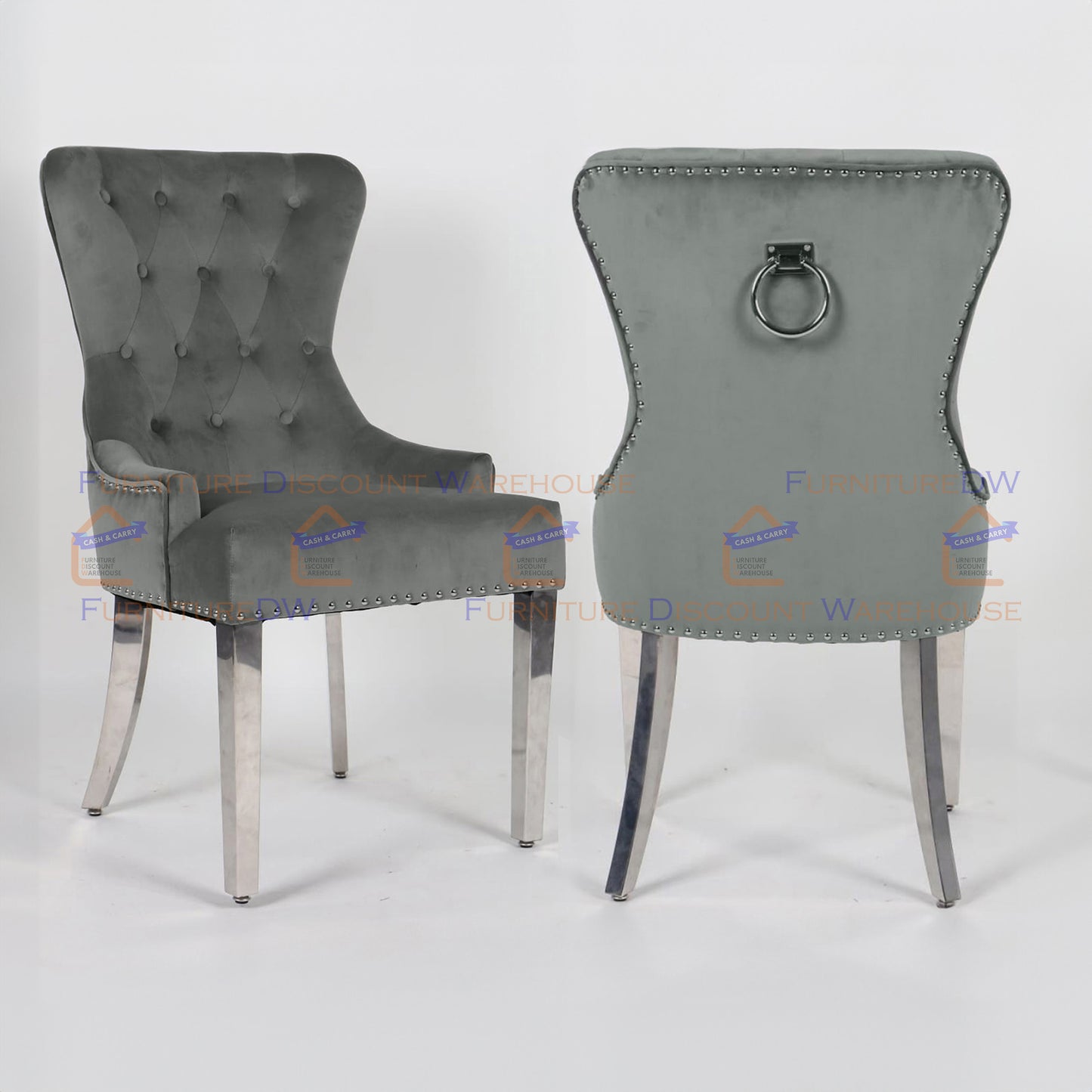 Megan Promo Velvet Dining Chair | Chrome Legs with Plain Back & Ring Knocker - Black | Blue | Dark Grey