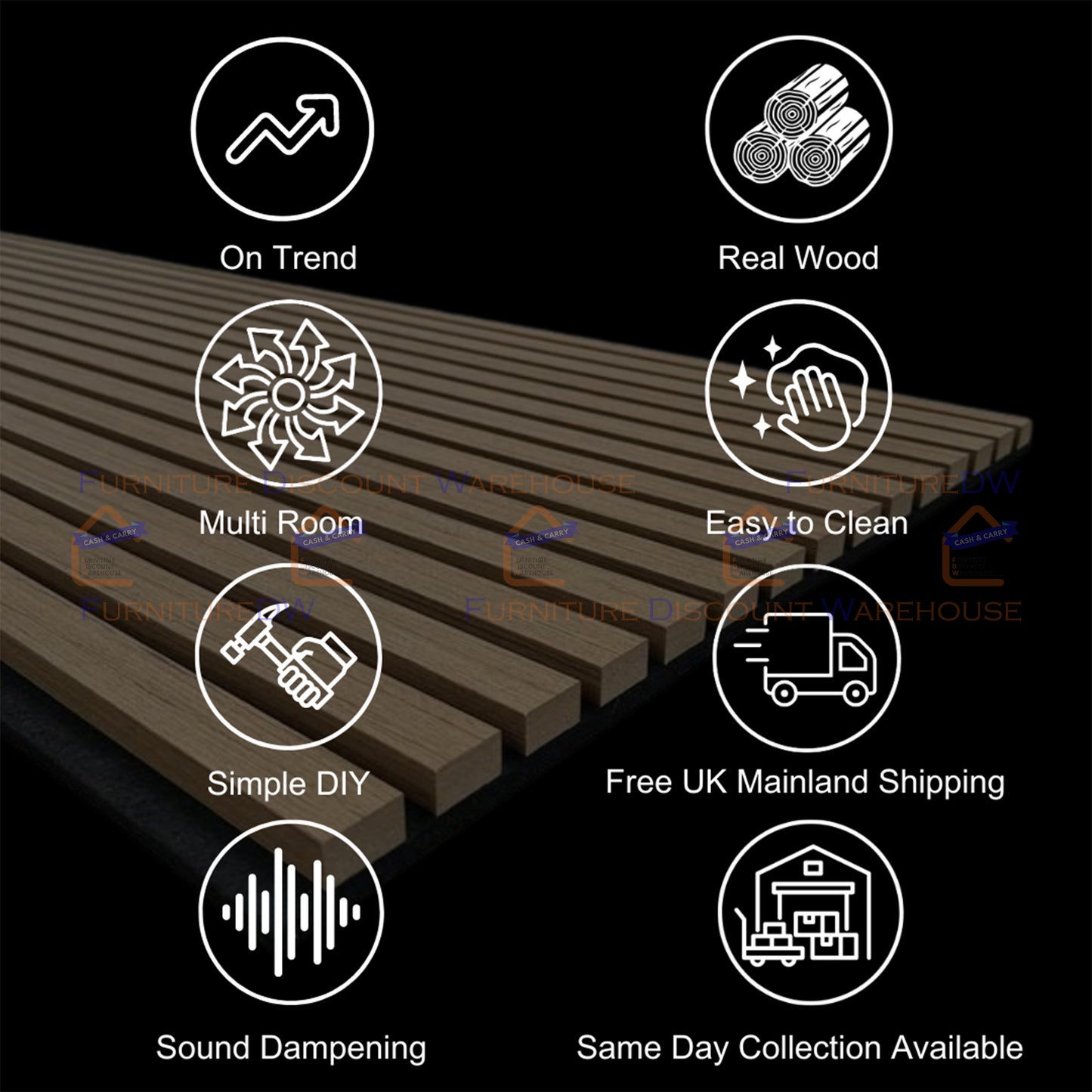 2400x600mm Wood Acoustic MDF Slatted Wall Panels - 8 Colours | Light Oak / Natural Oak / Walnut / Ash Grey / Black / White Marble / Silver / Gold