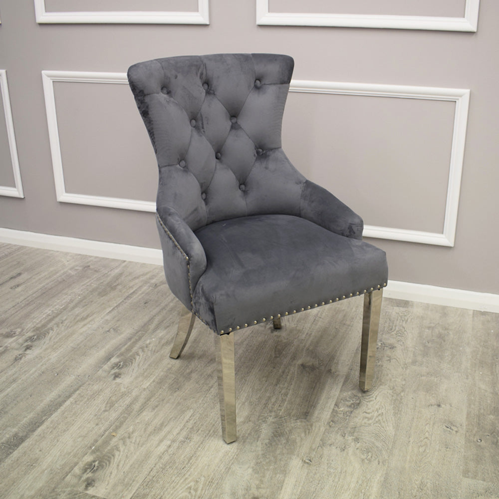 Megan Velvet Dining Chair | Chrome Legs with Plain Back & Lion Knocker - Light Grey | Dark Grey