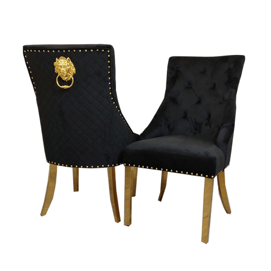 Bentley Velvet Dining Chair | Gold Legs with Lion Knocker & Quilted Back - Black | Light Grey | Cream | Beige