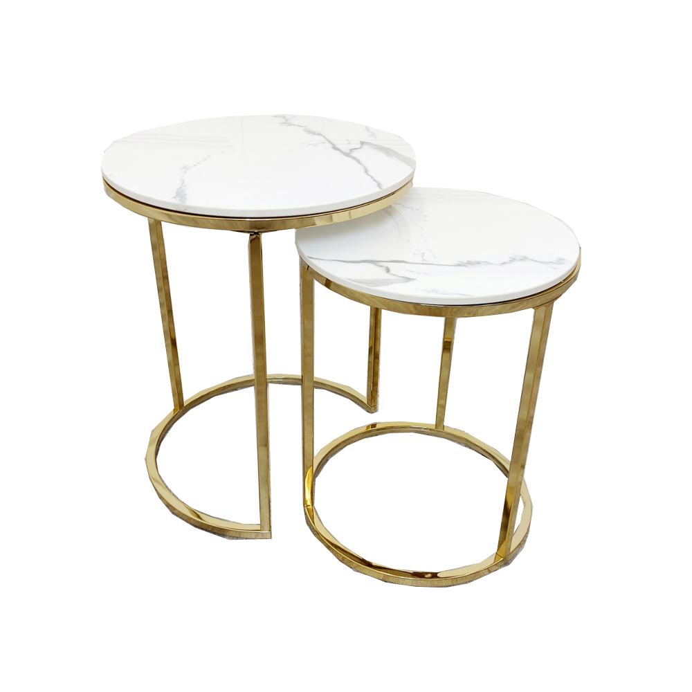 Cato Nest of 2 Tall Gold End Tables 45cm / 38cm - Polar White Sintered Stone Tops