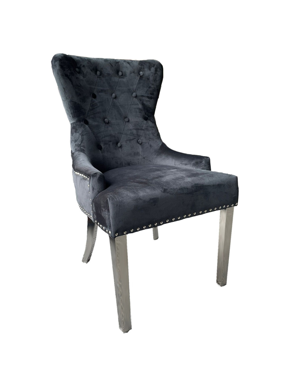 Megan Promo Velvet Dining Chair | Chrome Legs with Plain Back & Ring Knocker - Black | Blue | Dark Grey