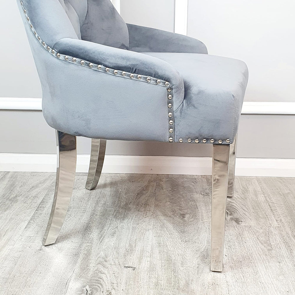 Megan Velvet Dining Chair | Chrome Legs with Plain Back & Lion Knocker - Light Grey | Dark Grey