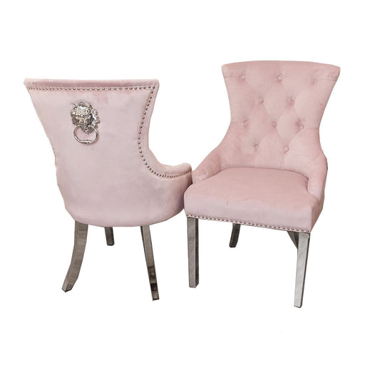Megan Velvet Dining Chair | Chrome Legs with Plain Back & Lion Knocker - Pink | Light Grey | Dark Grey